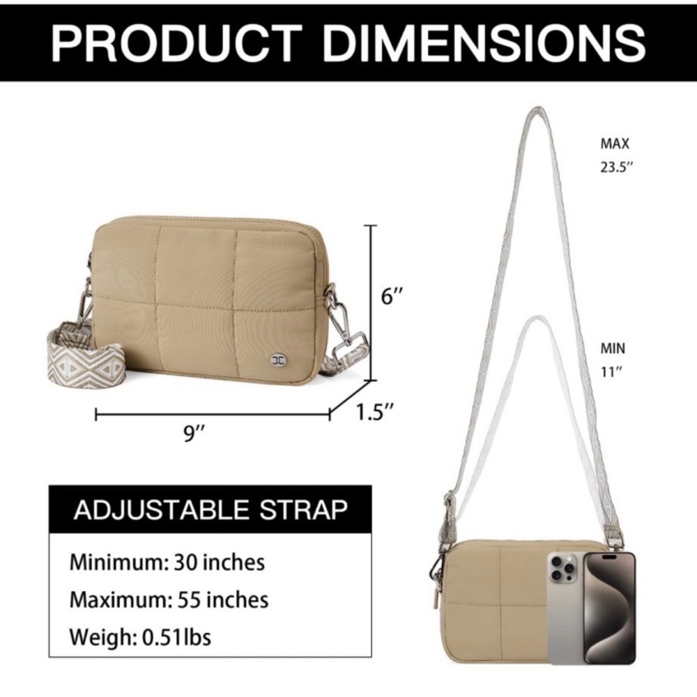 NWT Quilted Tan Crossbody Bag with Patterned Adjustable Strap - Picture 7 of 10